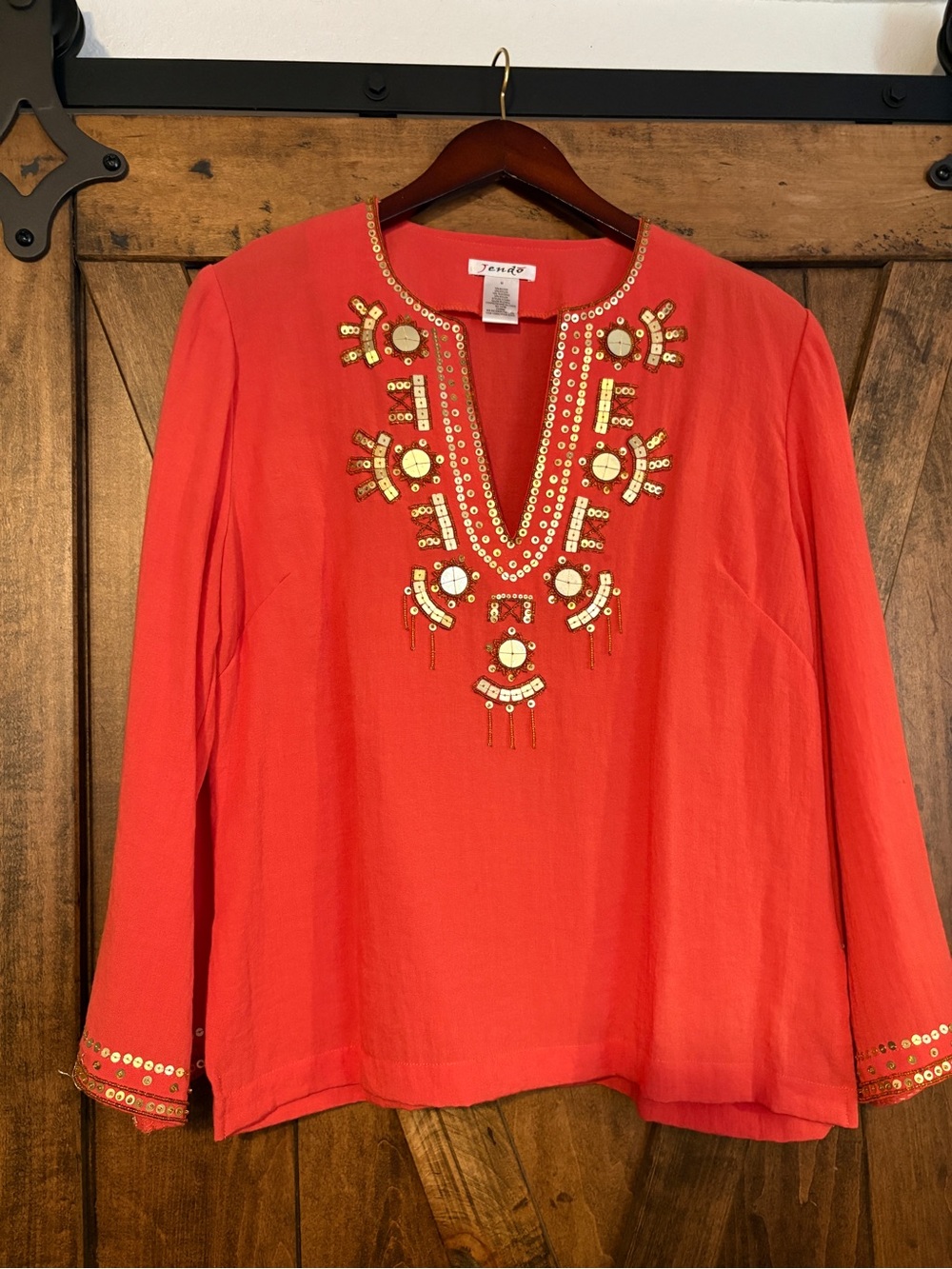 Embellished Coral Red Tunic Top by Tendo
